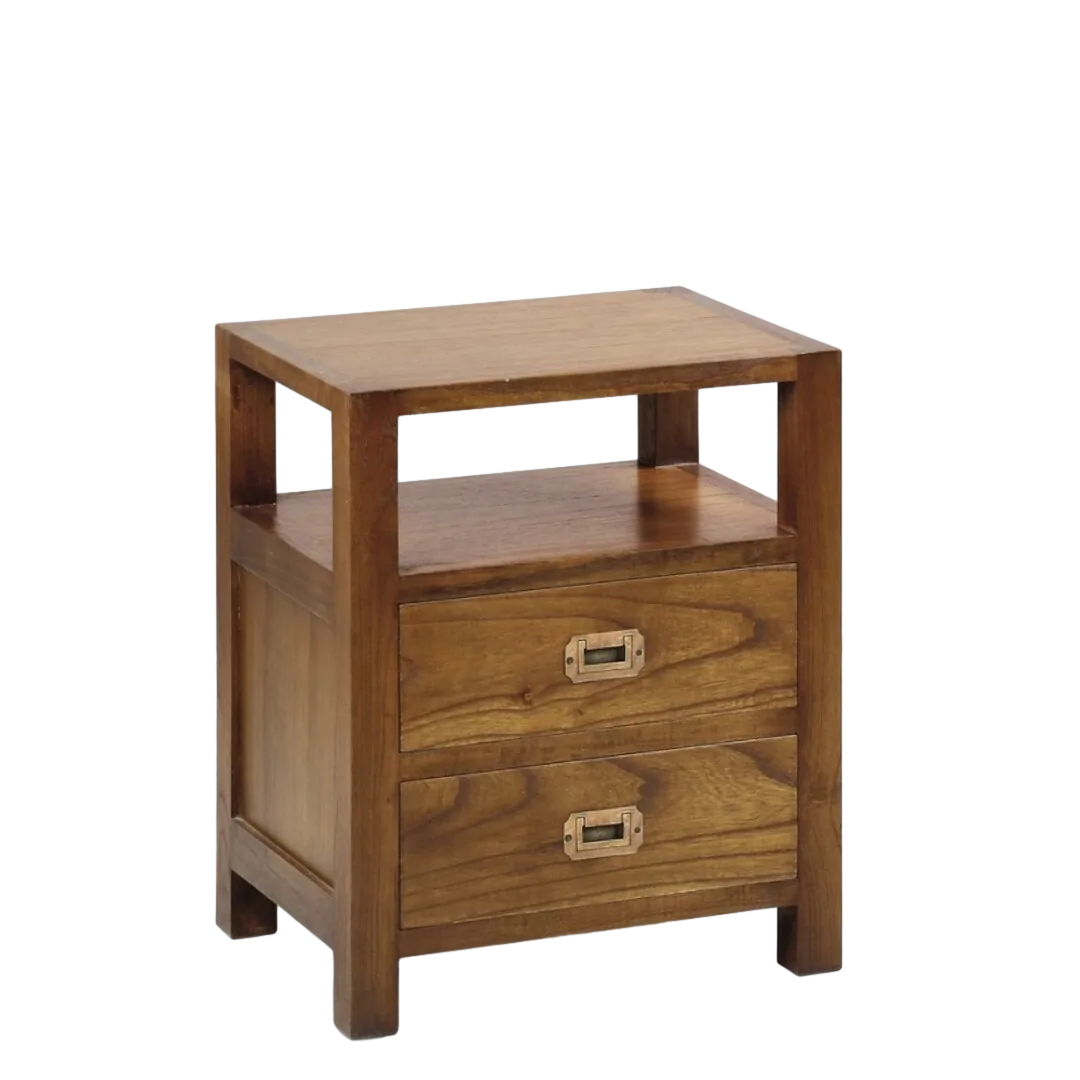 Mesita en mindi de fabricación artesanal estructura maciza dos cajones macizos con guías de madera y hueco superior 50x40x60cm - Moycor - 30164MYC - foto-transparente