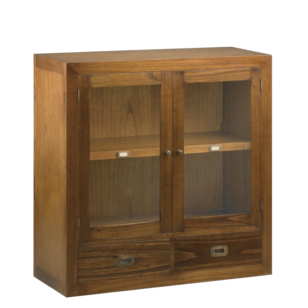Vitrina auxiliar Combi en mindi con 2 cajones 2 puertas de cristal estante interior y accesorios de bronce 90x35x90cm - Moycor - 301903MYC - foto-transparente