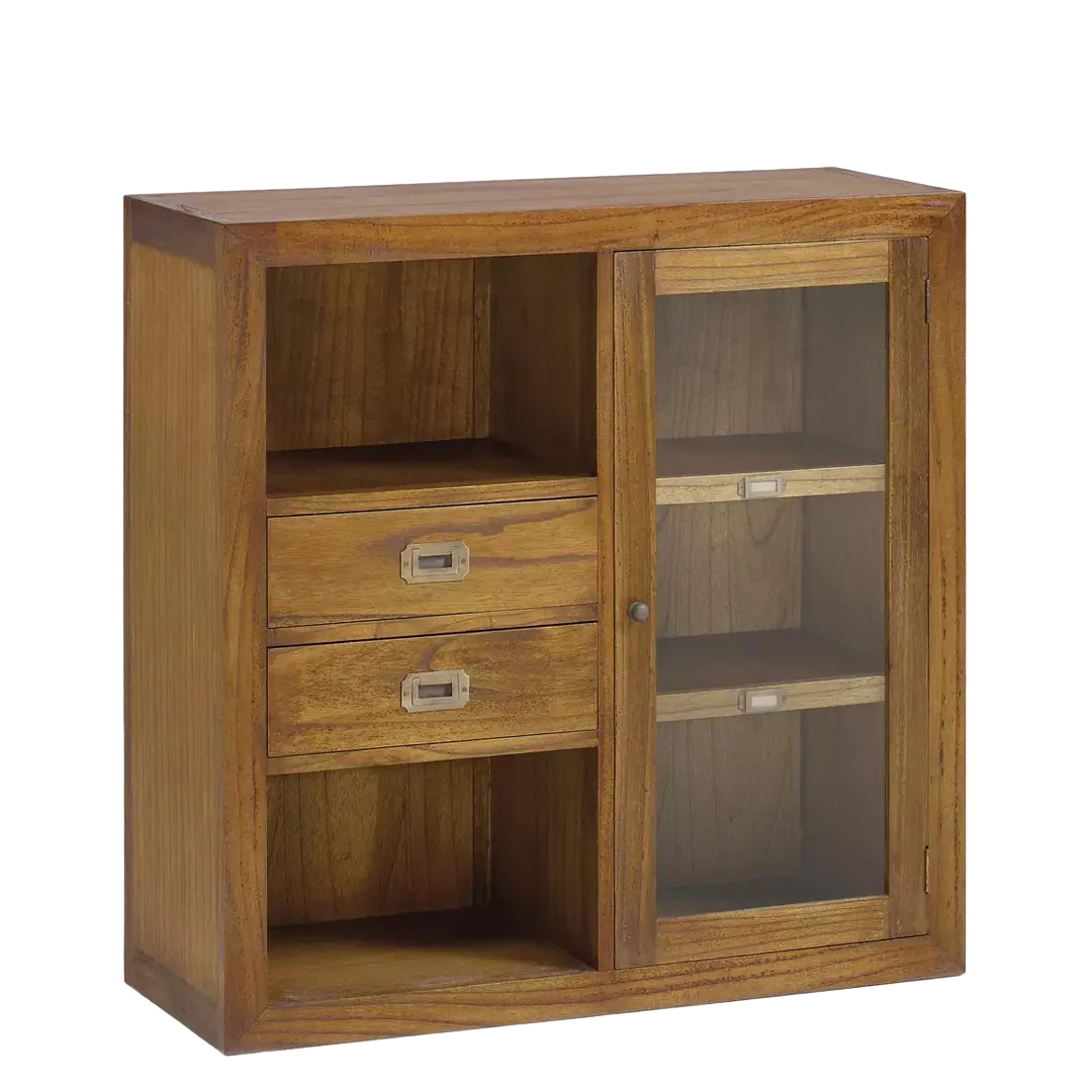 Vitrina auxiliar Combi en madera de mindi con 2 cajones 1 puerta 4 estantes y tiradores de bronce 90x35x90cm - Moycor - 301911DMYC - foto-transparente