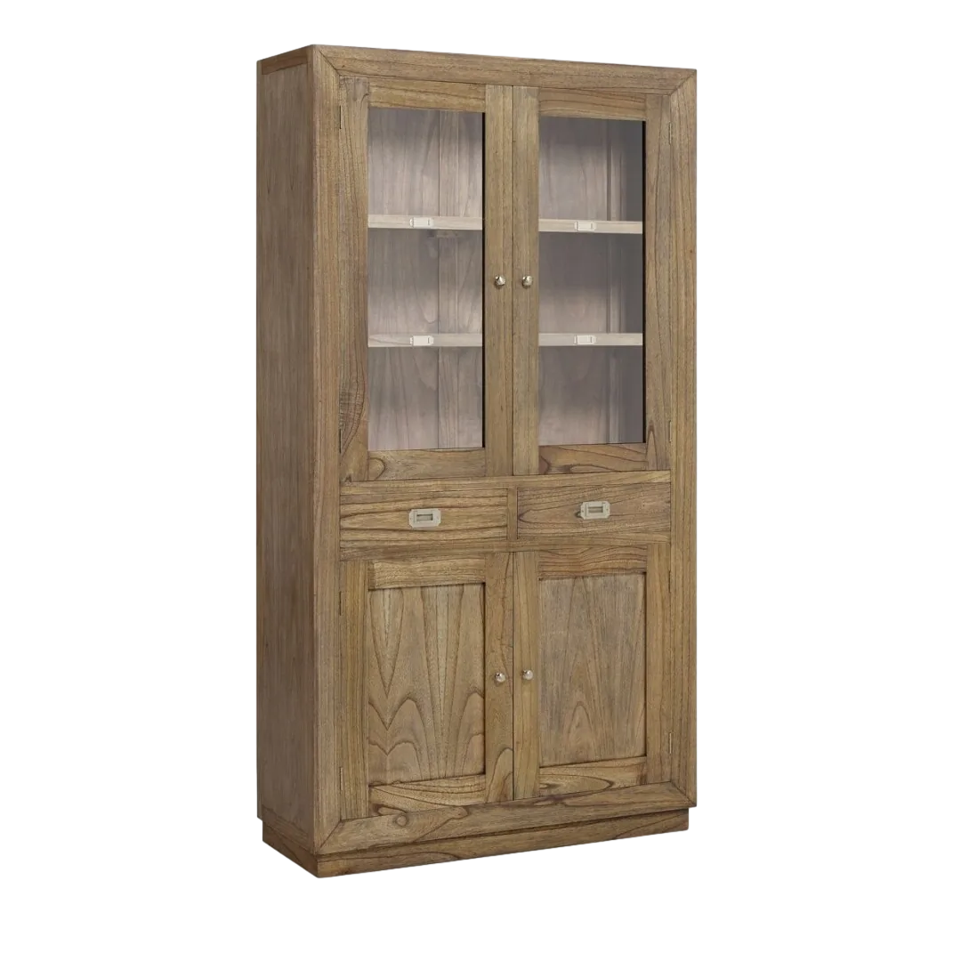 Vitrina Merapi en madera de mindi hecha a mano con accesorios de bronce tiradores plateados 2 cajones 4 puertas 100x40x190cm - Moycor - 302002MYC - foto-transparente