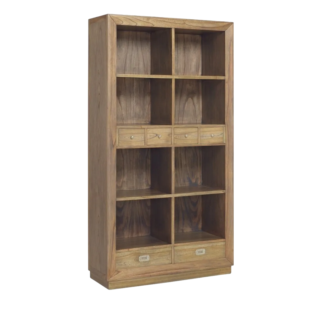 Librería en mindi colección Merapi con 2 cajones amplios 4 cajones pequeños 8 huecos y accesorios de bronce y tiradores plateados 100x40x190cm - Moycor - 302003MYC - foto-transparente
