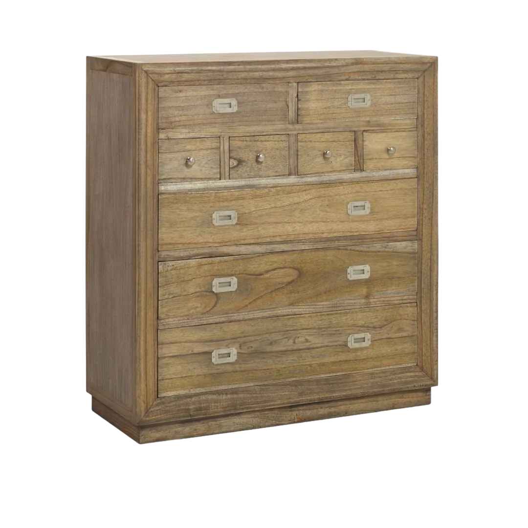 Cómoda en mindi estructura maciza 4+3+2 cajones con cajón secreter y accesorios de bronce color plata 100x45x110cm - Moycor - 302009MYC - foto-transparente