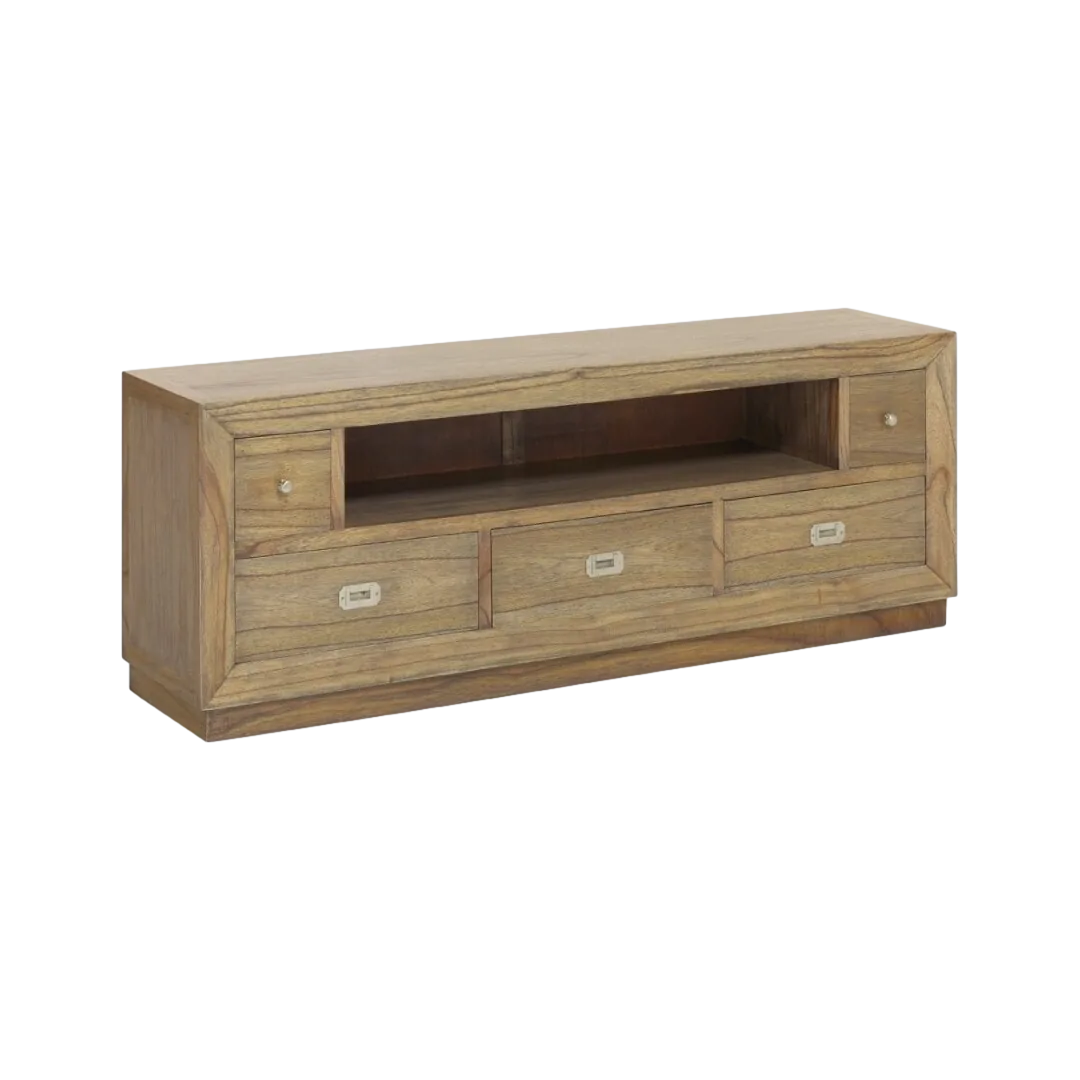 Mueble TV de madera de mindi con accesorios de bronce y tiradores plateados 5 cajones y espacio abierto para equipos electrónicos 160x40x59cm - Moycor - 302018MYC - foto-transparente