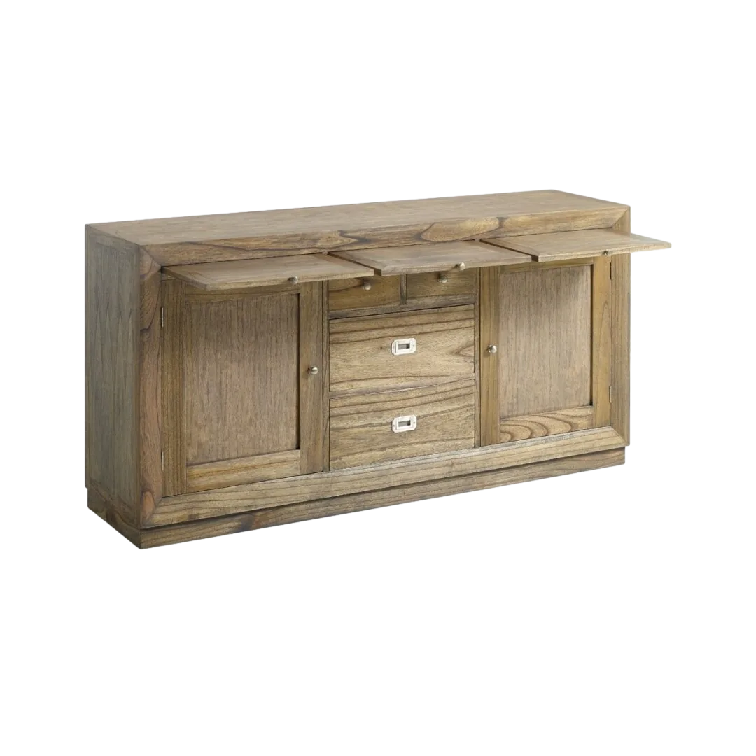 Bufet Merapi en madera de mindi con 2 cajones grandes 2 cajones pequeños uno con cajón secreter 2 puertas con estante interior y 3 bandejas extraíbles accesorios de bronce color plata 160x40x80cm - Moycor - 302025MYC - foto-transparente