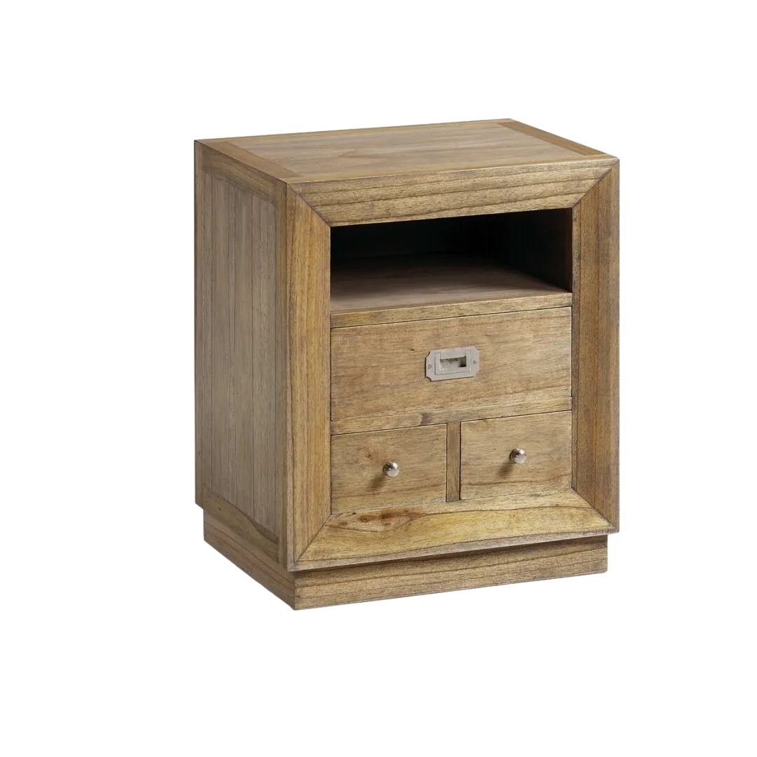 Mesita de noche Merapi en madera de mindi hecha a mano 3 cajones accesorios de bronce tiradores plateados 50x40x60cm - Moycor - 302026MYC - foto-transparente