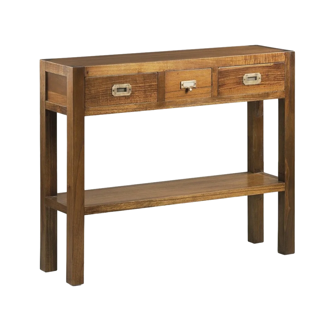 Consola de mindi macizo con accesorios de bronce 3 cajones y 1 estante 95x27x80cm - Moycor - 30213MYC - foto-transparente