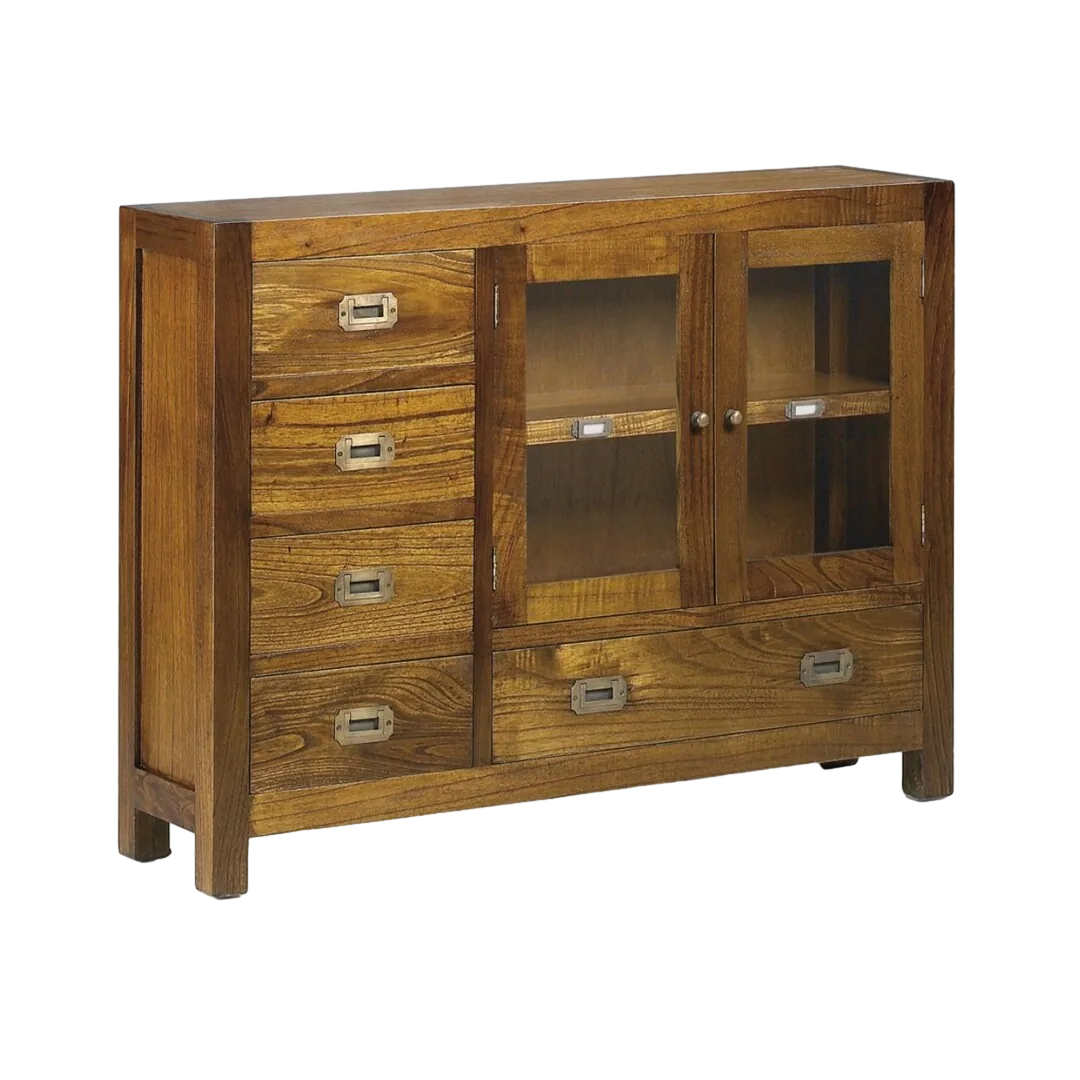 Consola en mindi con estructura maciza 5 cajones 2 puertas de cristal y accesorios de bronce 107x27x80cm - Moycor - 30224MYC - foto-transparente