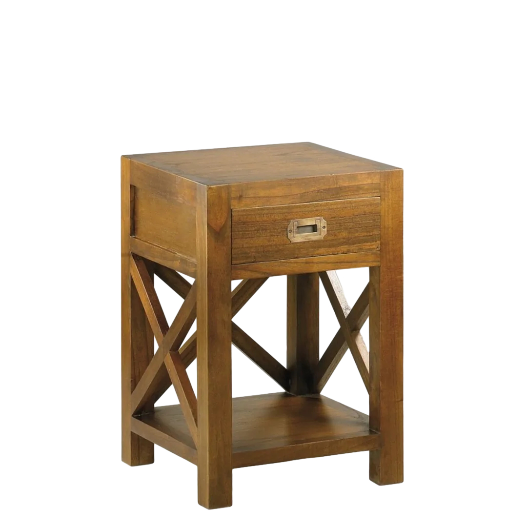 Mesita de mindi con estructura maciza y accesorios de bronce con un cajón y un estante 40x40x60cm - Moycor - 30248MYC - foto-transparente