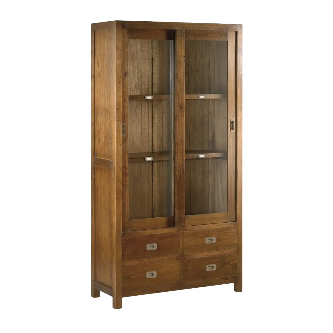 Vitrina de madera de mindi con estructura sólida y accesorios de bronce 4 cajones y 2 puertas correderas de cristal con 2 estantes 100x40x190cm - Moycor - 30274MYC - foto-transparente
