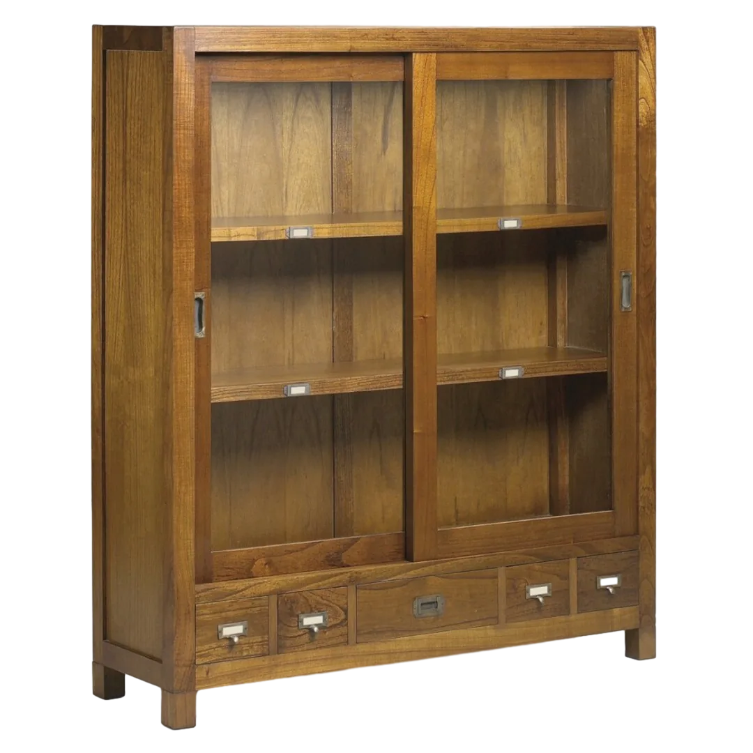 Vitrina de mindi con puertas correderas de cristal 5 cajones 2 estantes accesorios de bronce incluye 4 patas opcionales 120x40x137cm - Moycor - 30297MYC - foto-transparente