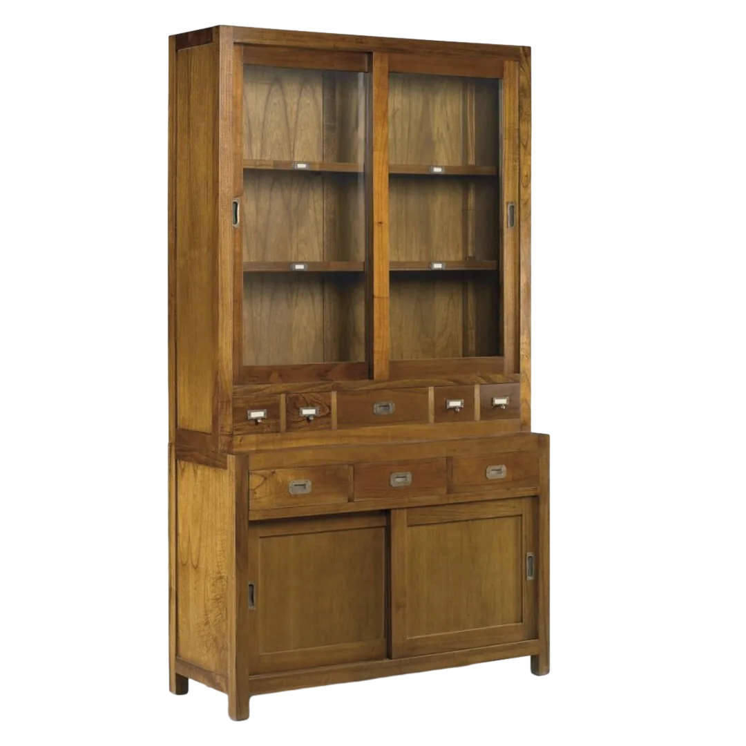 Bufet en madera de mindi con 2 puertas correderas 3 cajones y 1 estante interior con accesorios de bronce 120x50x80cm - Moycor - 30298MYC - foto-transparente
