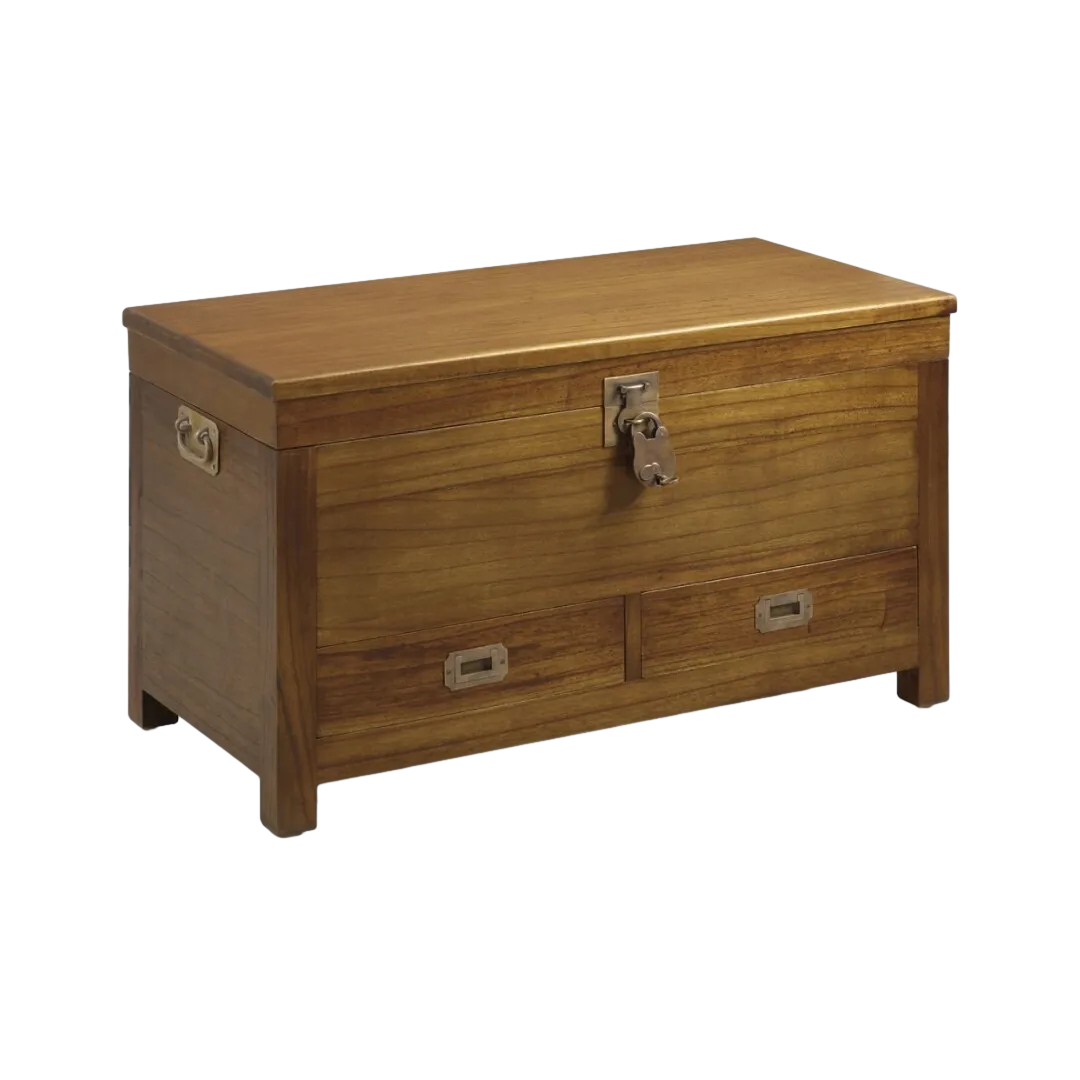 Baúl de madera maciza de mindi con 2 cajones y gran capacidad con accesorios de bronce 90x45x50cm - Moycor - 30307MYC - foto-transparente