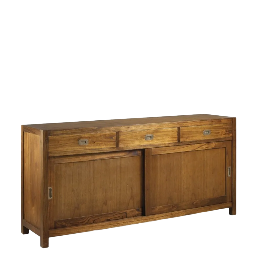 Bufet en mindi macizo con 3 cajones y 2 puertas correderas con estante interior y accesorios de bronce 180x50x85cm - Moycor - 30313MYC - foto-transparente