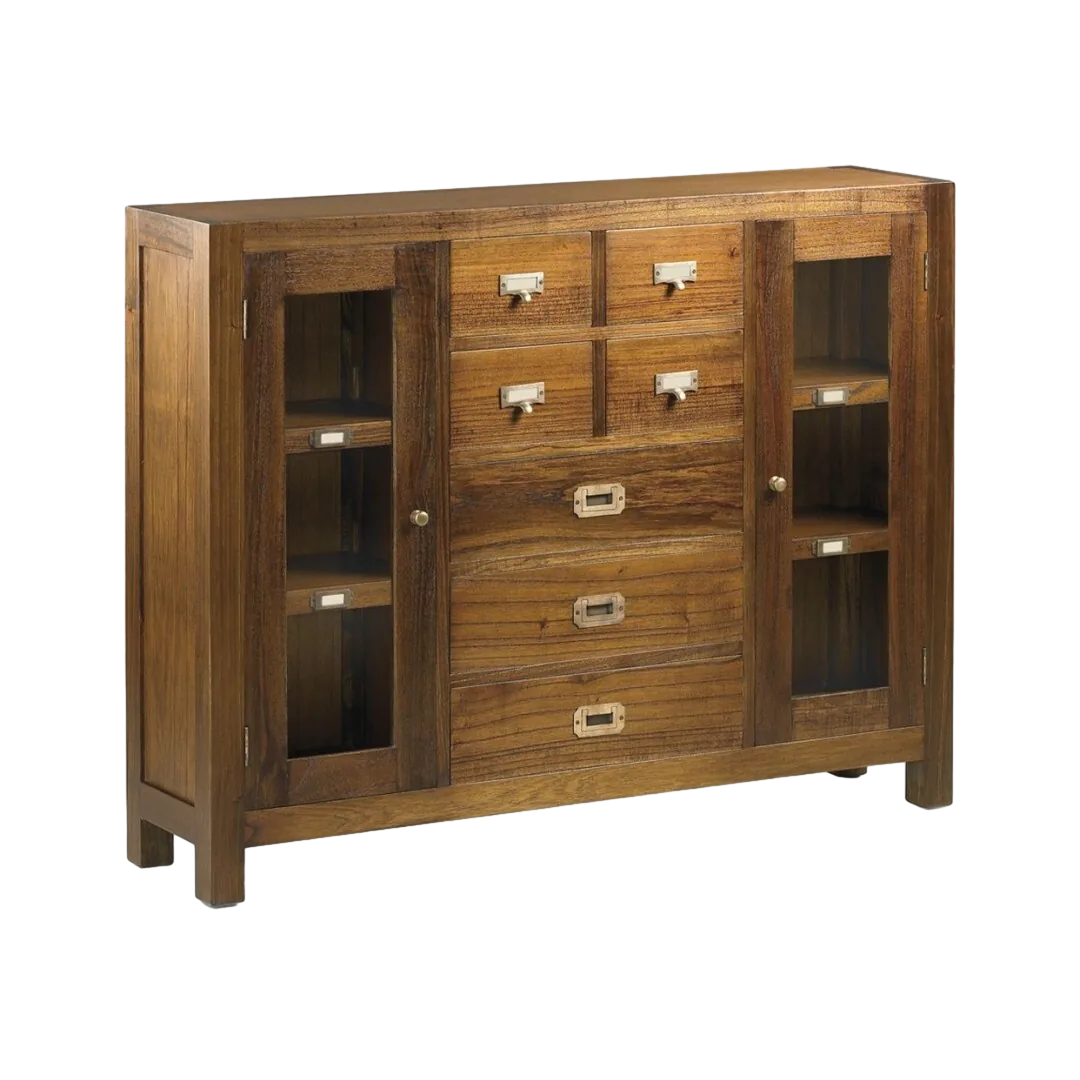 Consola en madera de mindi incluye 3 cajones grandes y 4 pequeños 2 puertas de cristal y 2 estantes interiores con accesorios de bronce 115x27x90cm - Moycor - 30314MYC - foto-transparente