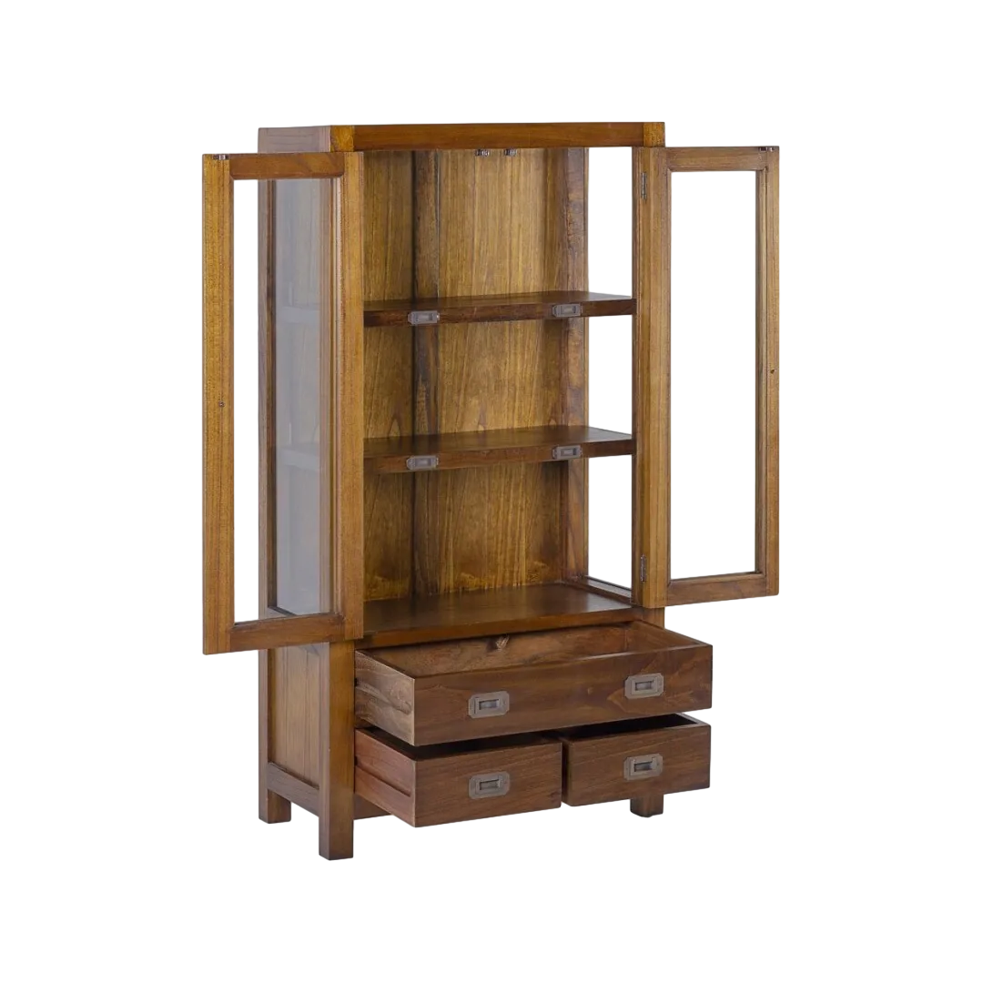 Vitrina artesanal en mindi maciza con accesorios de bronce 2 cajones 2 puertas de cristal y 2 estantes interiores 70x35x135cm - Moycor - 30800MYC - foto-transparente