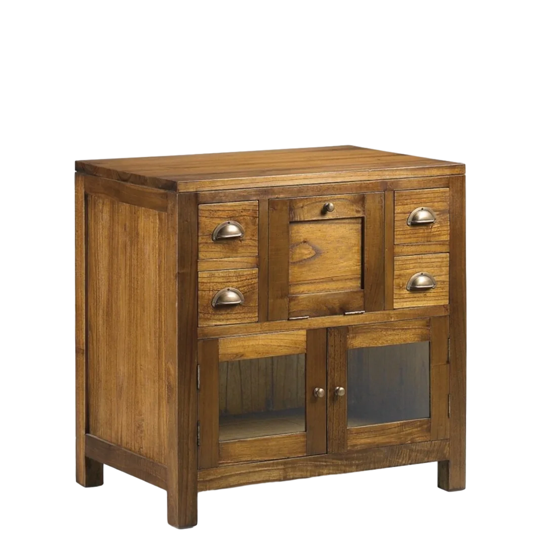 Mueble de baño en madera maciza de mindi con 4 cajones 2 puertas de cristal 1 puerta abatible y accesorios de bronce 75x50x75cm - Moycor - 30850MYC - foto-transparente