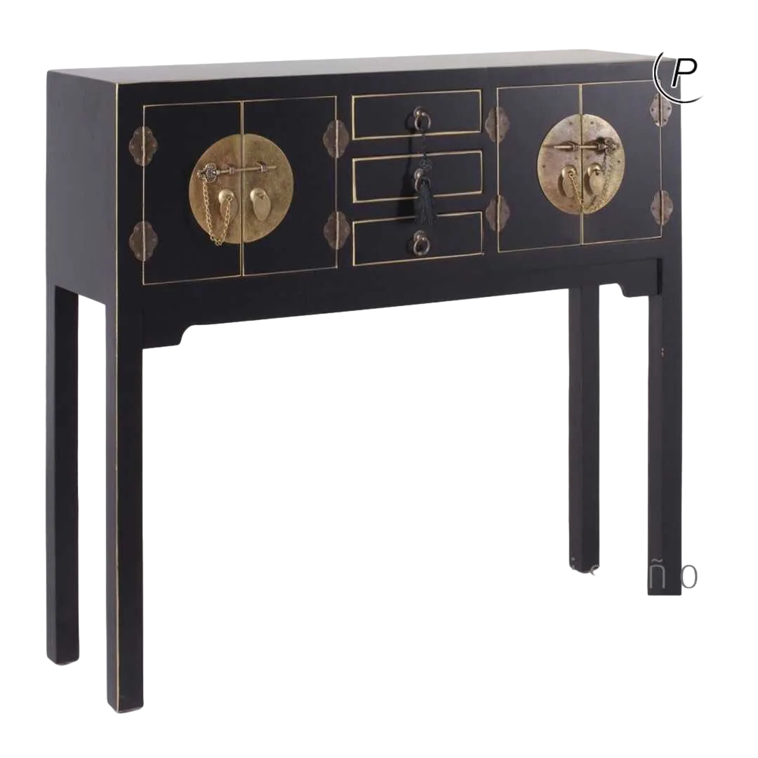 Consola 4 puertas y 3 cajones en DM color negro estilo oriental 95x26x90cm - Ixia - 51136IX - foto-transparente