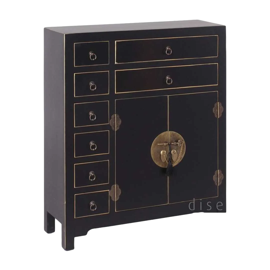 Mueble auxiliar negro 2 puertas 8 cajones en DM estilo oriental 73x26x90cm - Ixia - 51142IX - foto-transparente