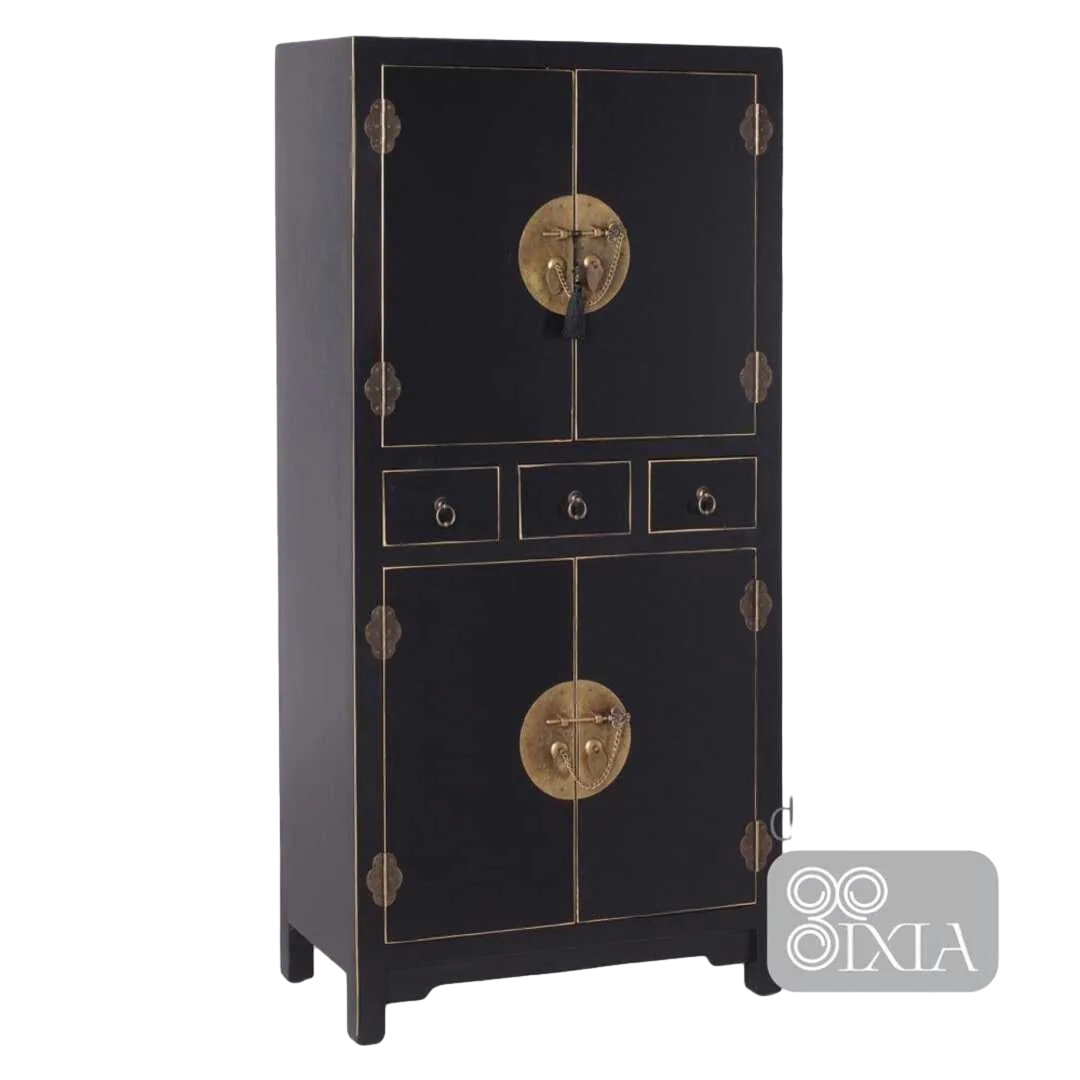 Mueble auxiliar negro en DM 4 puertas 3 cajones con 2 estantes estilo oriental 63x33x131cm - Ixia - 51144IX - foto-transparente