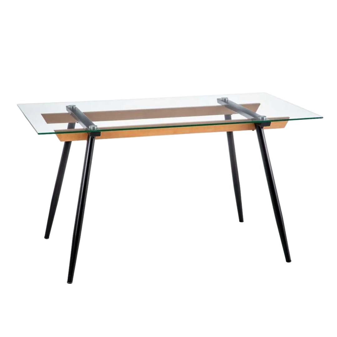 Mesa de comedor negra con sobre de cristal templado y estructura metálica con patas de haya 140x80x75cm - Ixia - 601312IX - foto-transparente