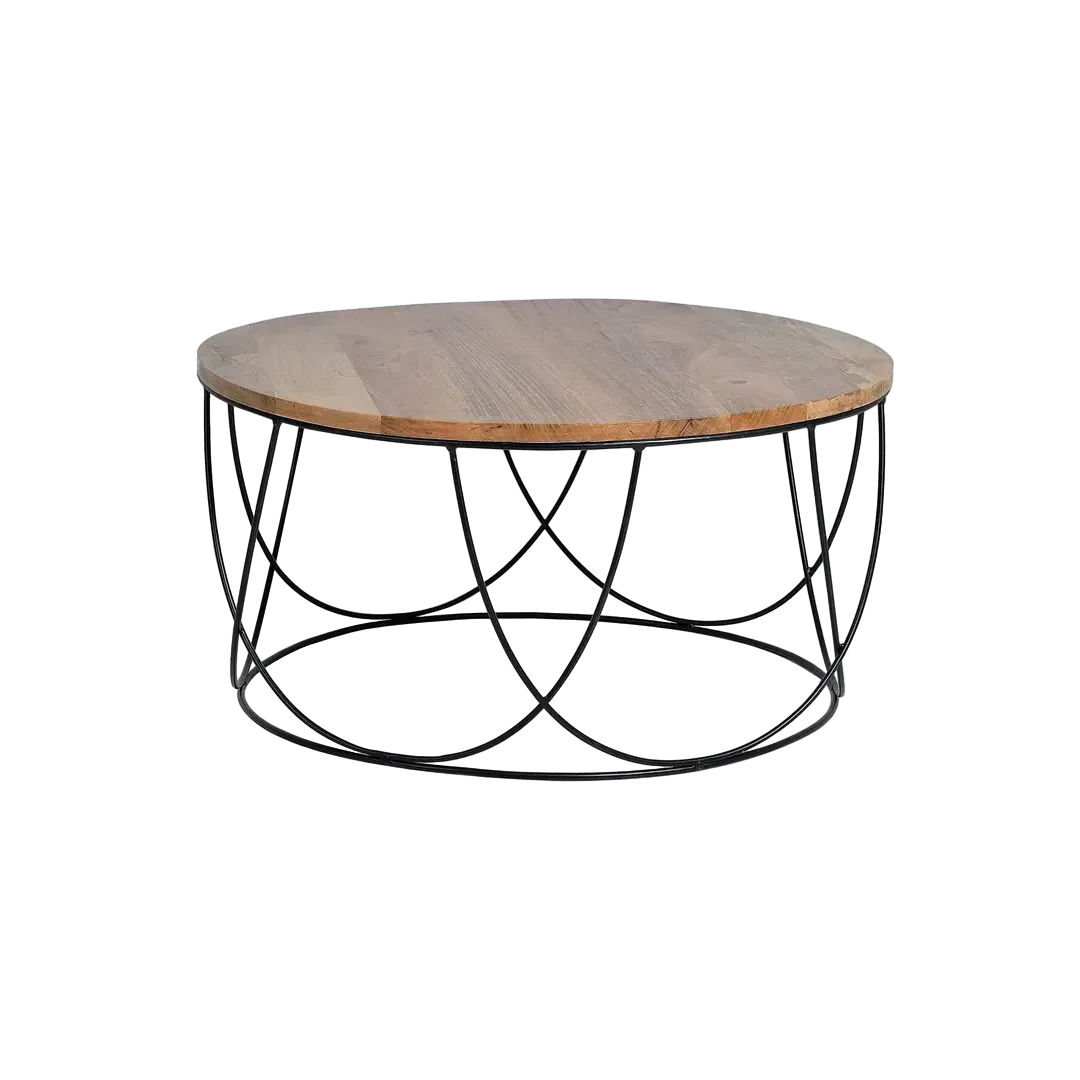 Mesa de centro Sorek redonda de madera de mango con base metálica acabado natural y negro 80x80x41cm - Giner y Colomer - 6036GYC - foto-transparente