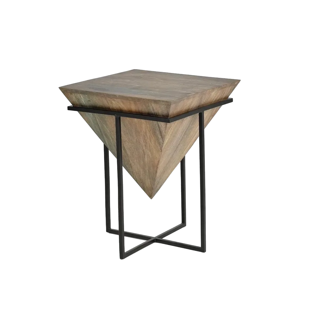 Mesa auxiliar Lunai en madera de mango acabado natural y base metálica negra con diseño piramidal invertido 50x50x64cm - Giner y Colomer - 6037GYC - foto-transparente