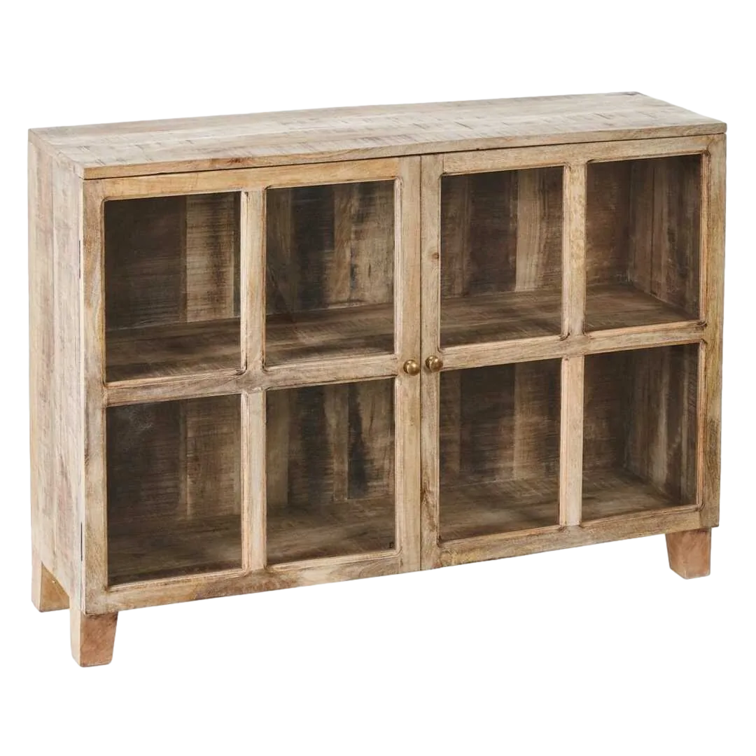 Vitrina en madera de mango blanco rozado con puertas de cristal 120x35.50x88.50cm - Ixia - 604770IX - foto-transparente