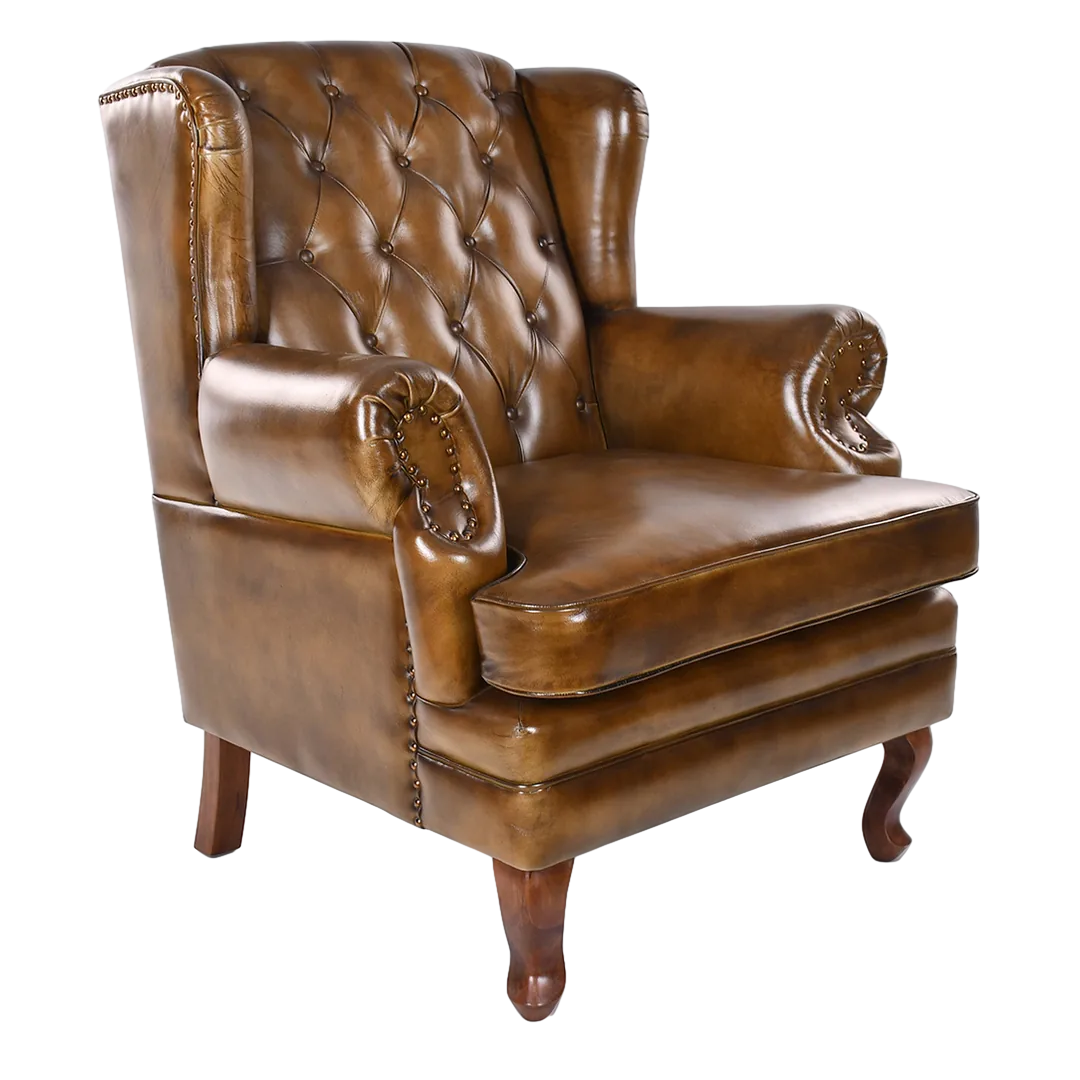 Sillón orejero Bristol capitoné en piel y madera de acacia hecho a mano - Moycor - 606300MYC - foto-transparente