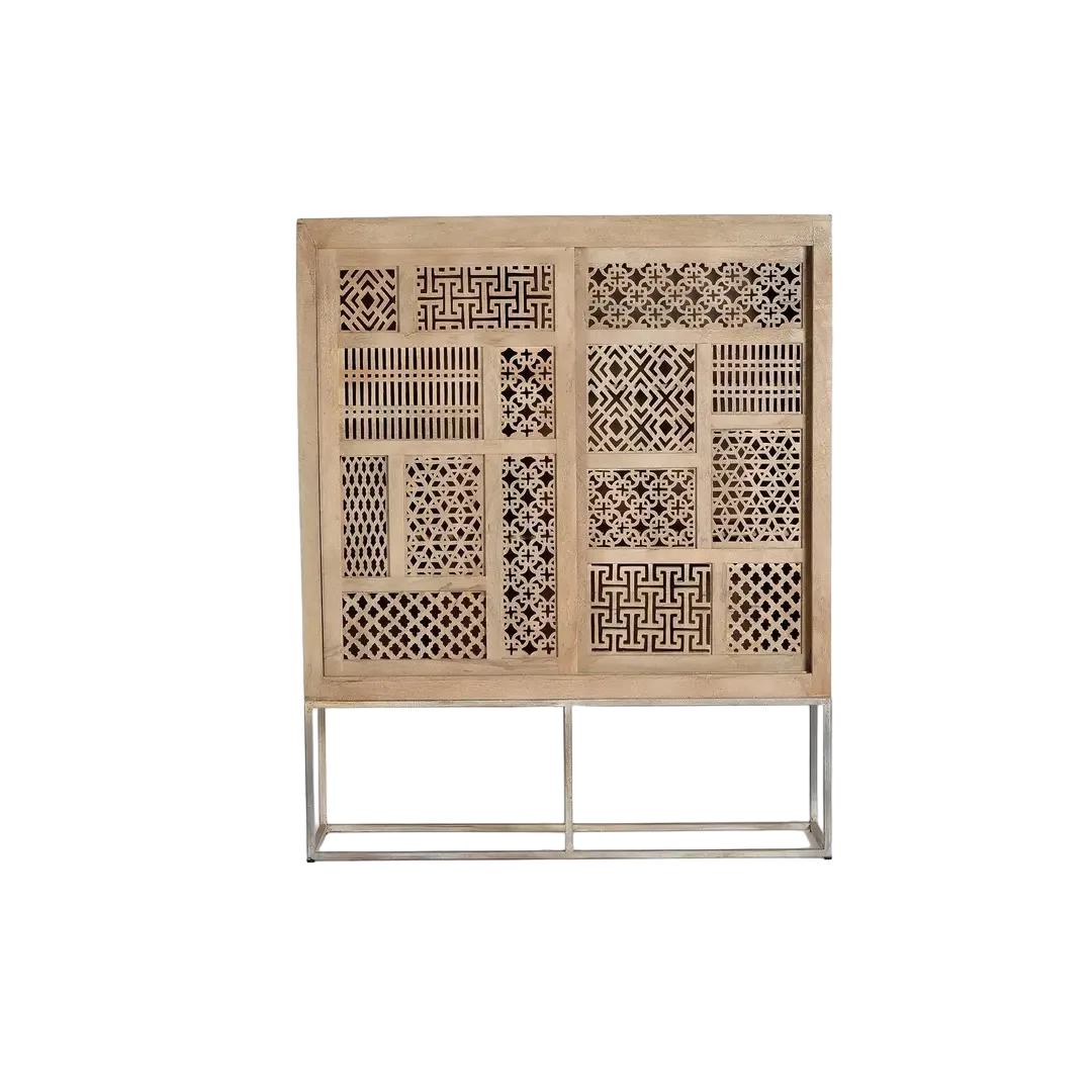Alacena Style 2 puertas correderas madera de mango maciza base de metal estantes interiores diseño contemporáneo artesanal 140x40x170cm - Giner y Colomer - 6070GYC - foto-transparente