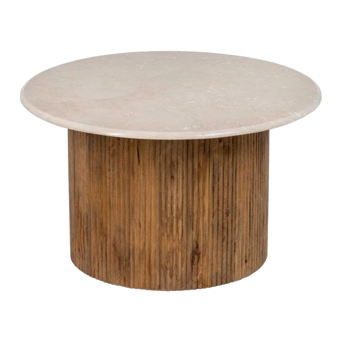 Mesa de centro natural crema en mármol y madera de mango 76x76x45cm - Ixia - 607490IX - foto-transparente