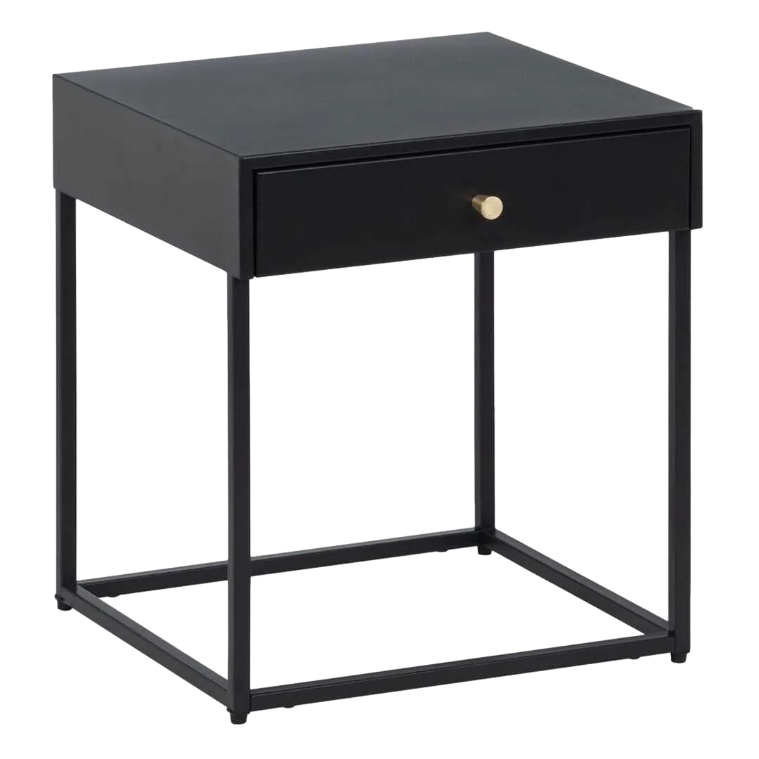 Mesita auxiliar negra de acero con cajón y tirador dorado 43x41x50cm - Ixia - 608267IX - foto-transparente