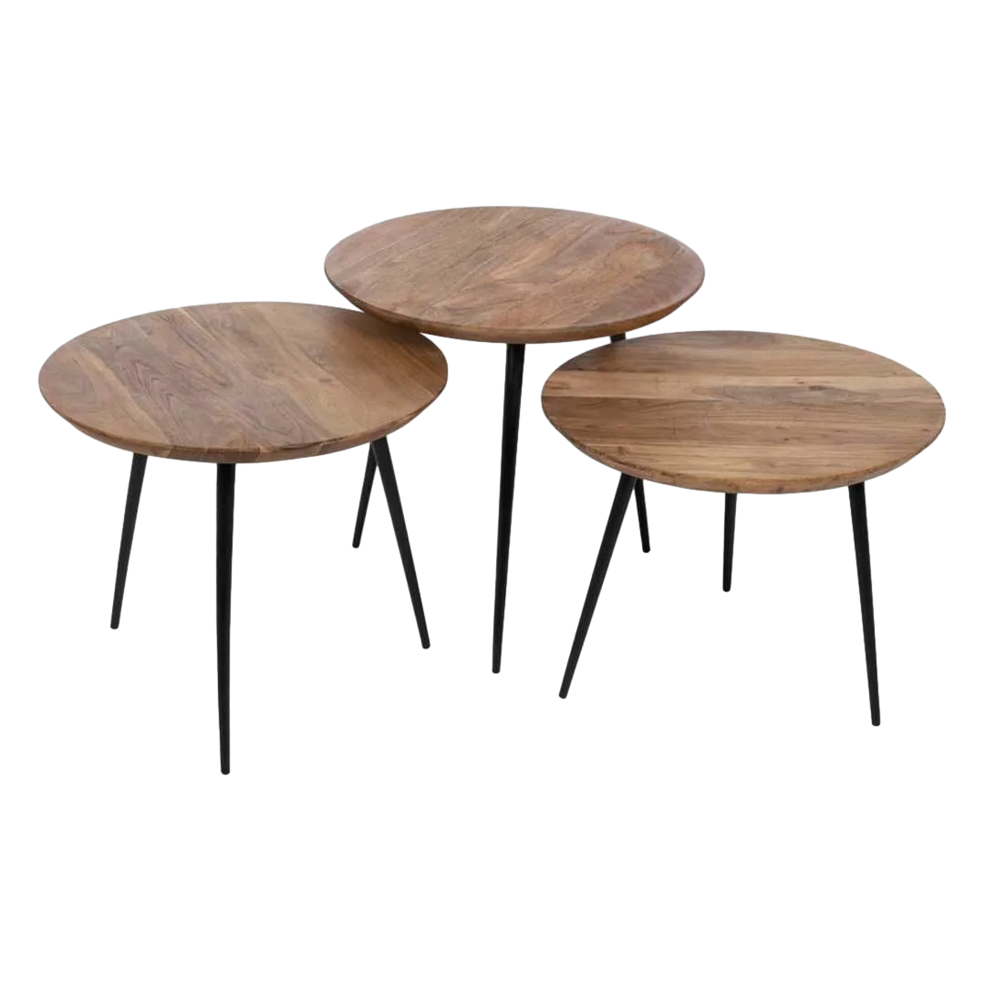 Set de 3 mesas de centro en madera de acacia y hierro acabado natural 50x50x45cm - Ixia - 608748IX - foto-transparente