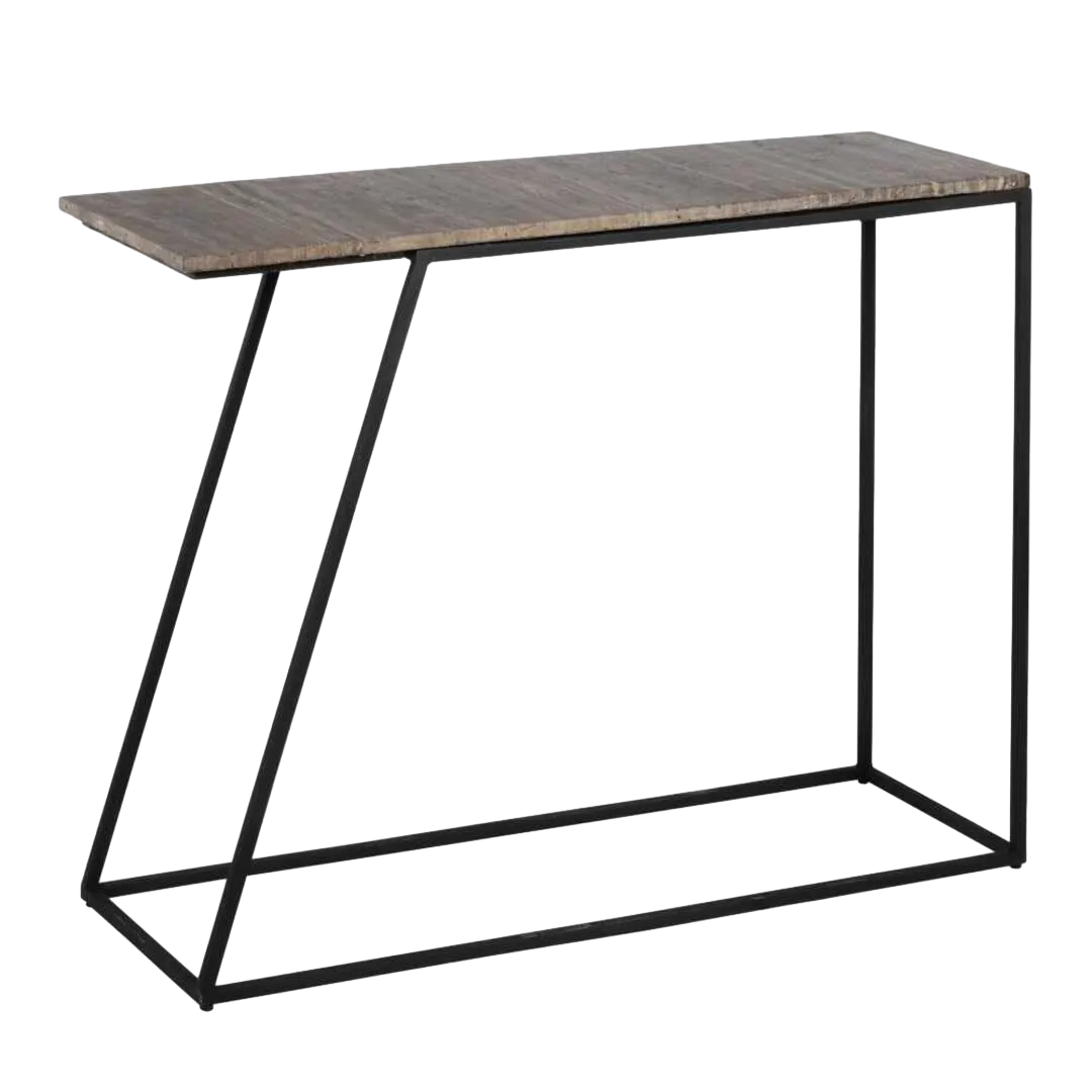 Consola marrón con sobre de mármol travertino y patas de hierro negro 102x36x85cm - Ixia - 608897IX - foto-transparente