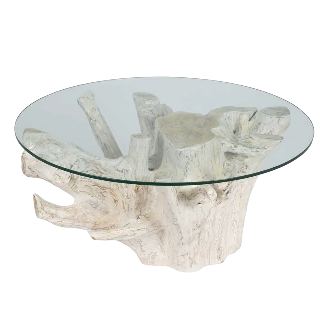 Mesa de centro blanco rozado en madera de teca y cristal 90x90x45cm - Ixia - 610876IX - foto-transparente
