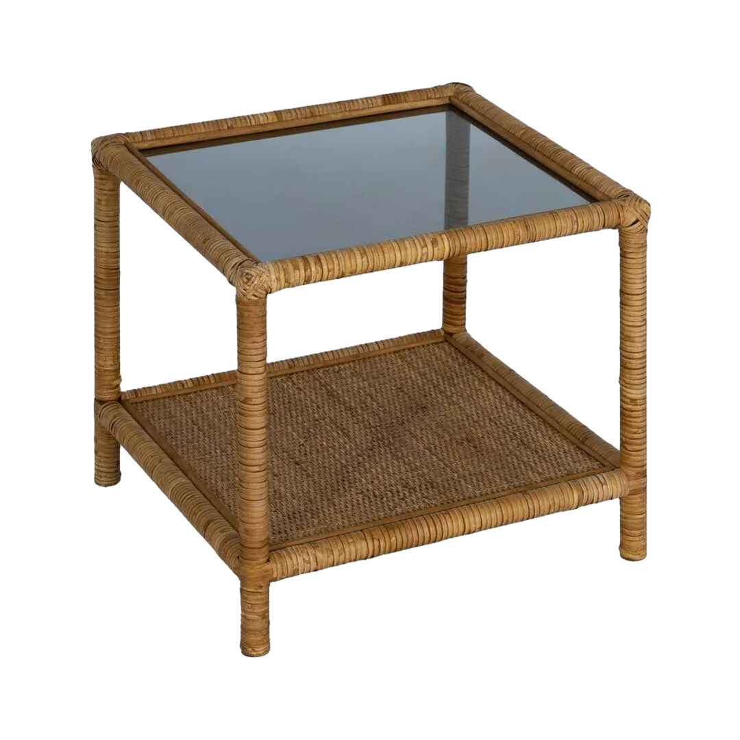 Mesa auxiliar natural de ratán y cristal 50x50x45cm - Ixia - 611418IX - foto-transparente