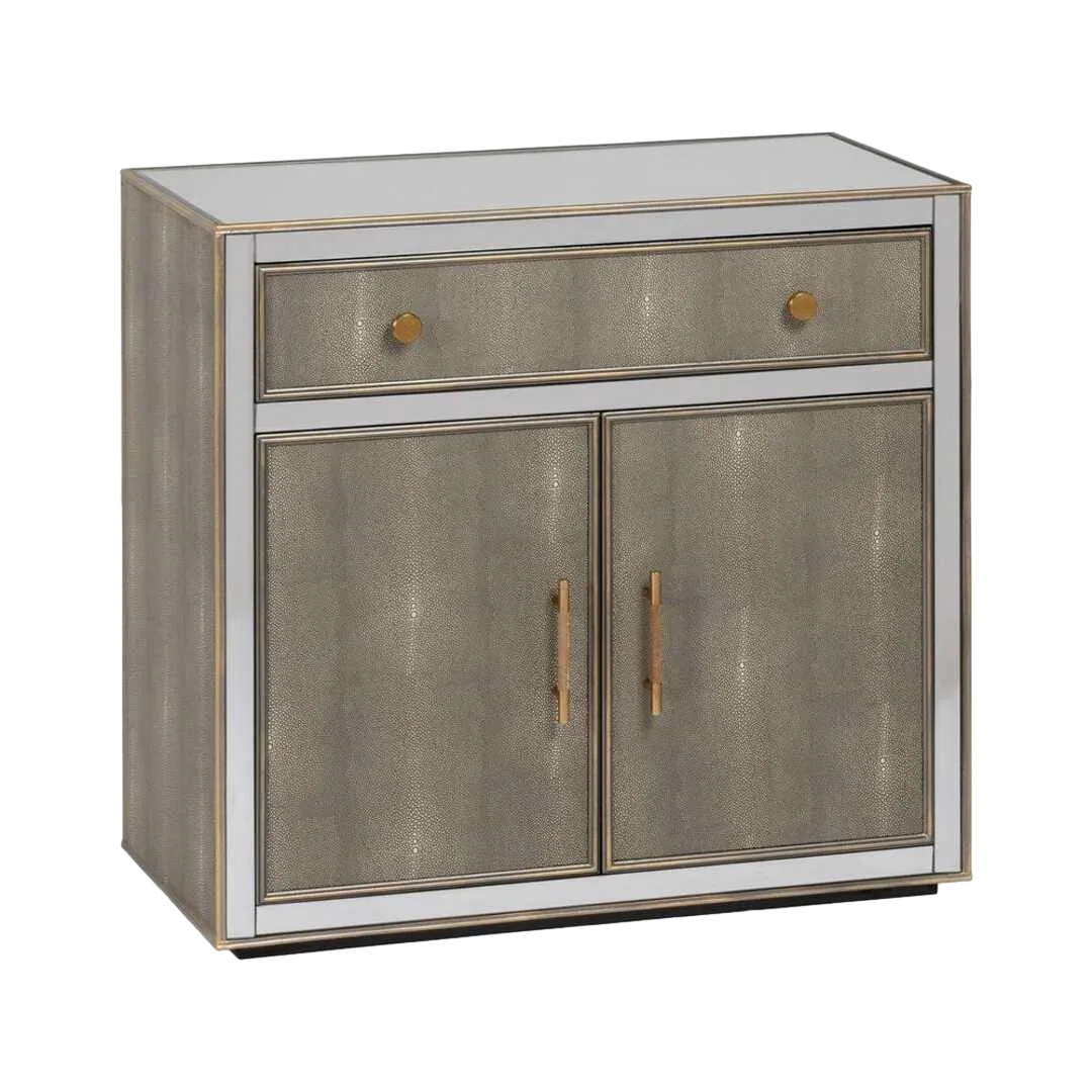 Mueble recibidor con espejo en DM y cristal con detalles en símil piel acabado gris plata 81x41x76.50cm - Ixia - 611486IX - foto-transparente