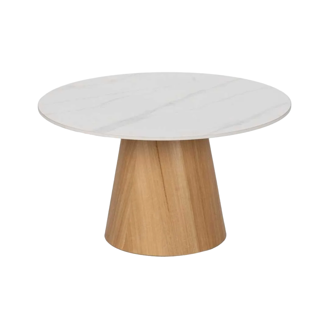 Mesa centro blanco y natural con patas de metal y sobre cerámico efecto mármol 80x80x45cm - Ixia - 612353IX - foto-transparente
