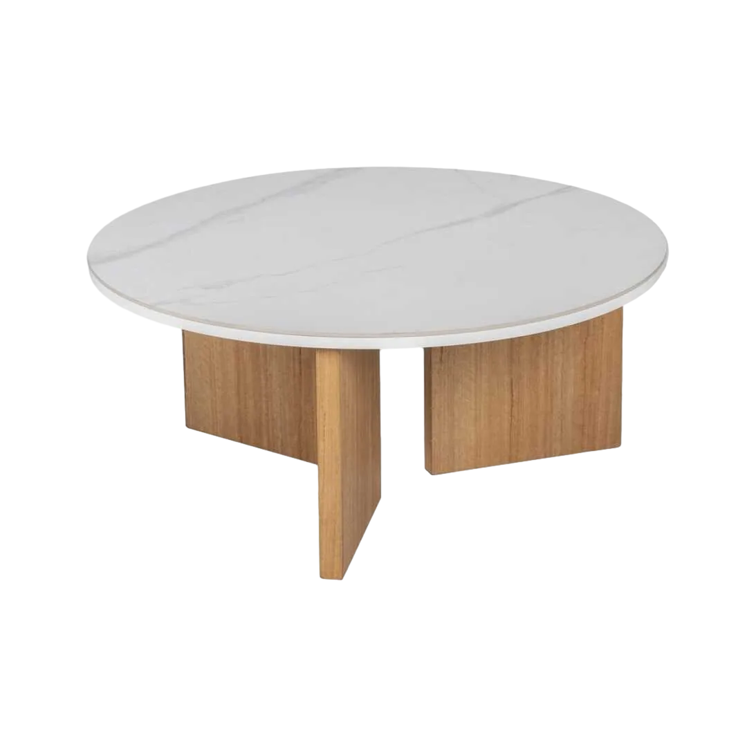 Mesa de centro blanco natural con sobre cerámico efecto mármol y patas de metal 80x80x35cm - Ixia - 612356IX - foto-transparente