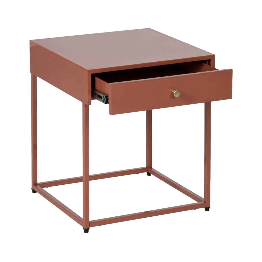 Mesita auxiliar de acero terracota con cajón y tirador dorado 43x41x50cm - Ixia - 612603IX - foto-transparente