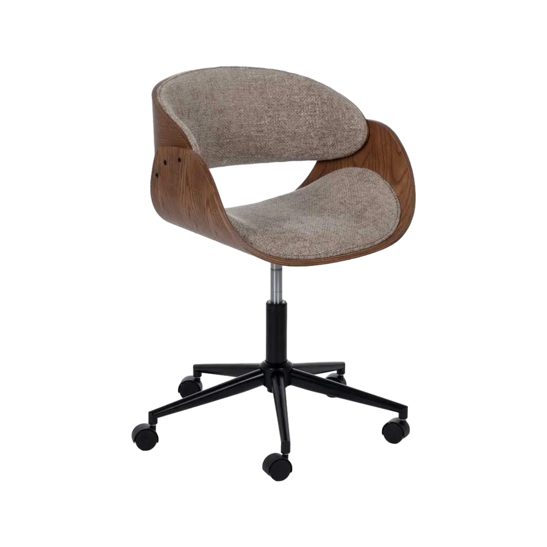 Silla con ruedas giratoria 360º tapizada en tejido beige y marrón respaldo madera nogal patas negras regulable en altura 45-57cm 59x64x88cm - Ixia - 612638IX - foto-transparente