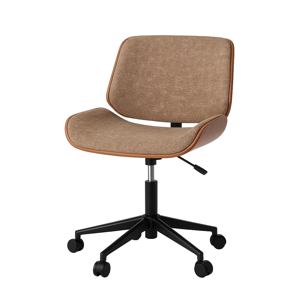 Silla giratoria con ruedas tapizada en tejido beige y marrón respaldo en madera nogal patas negras de nylon 54x61x88cm - Ixia - 612640IX - foto-transparente