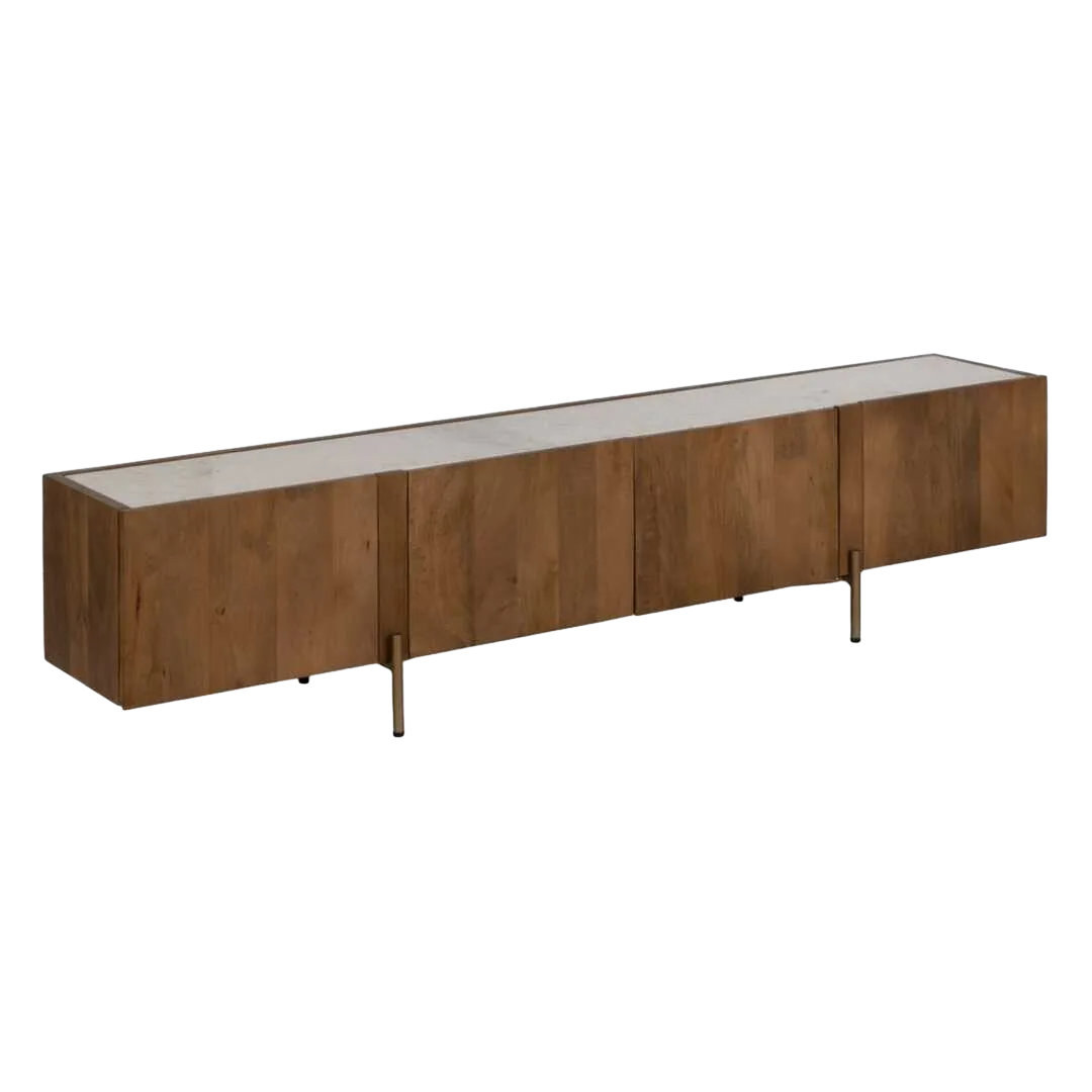 Mueble TV blanco natural en mármol y madera de acacia 200x35x46cm - Ixia - 612703IX - foto-transparente