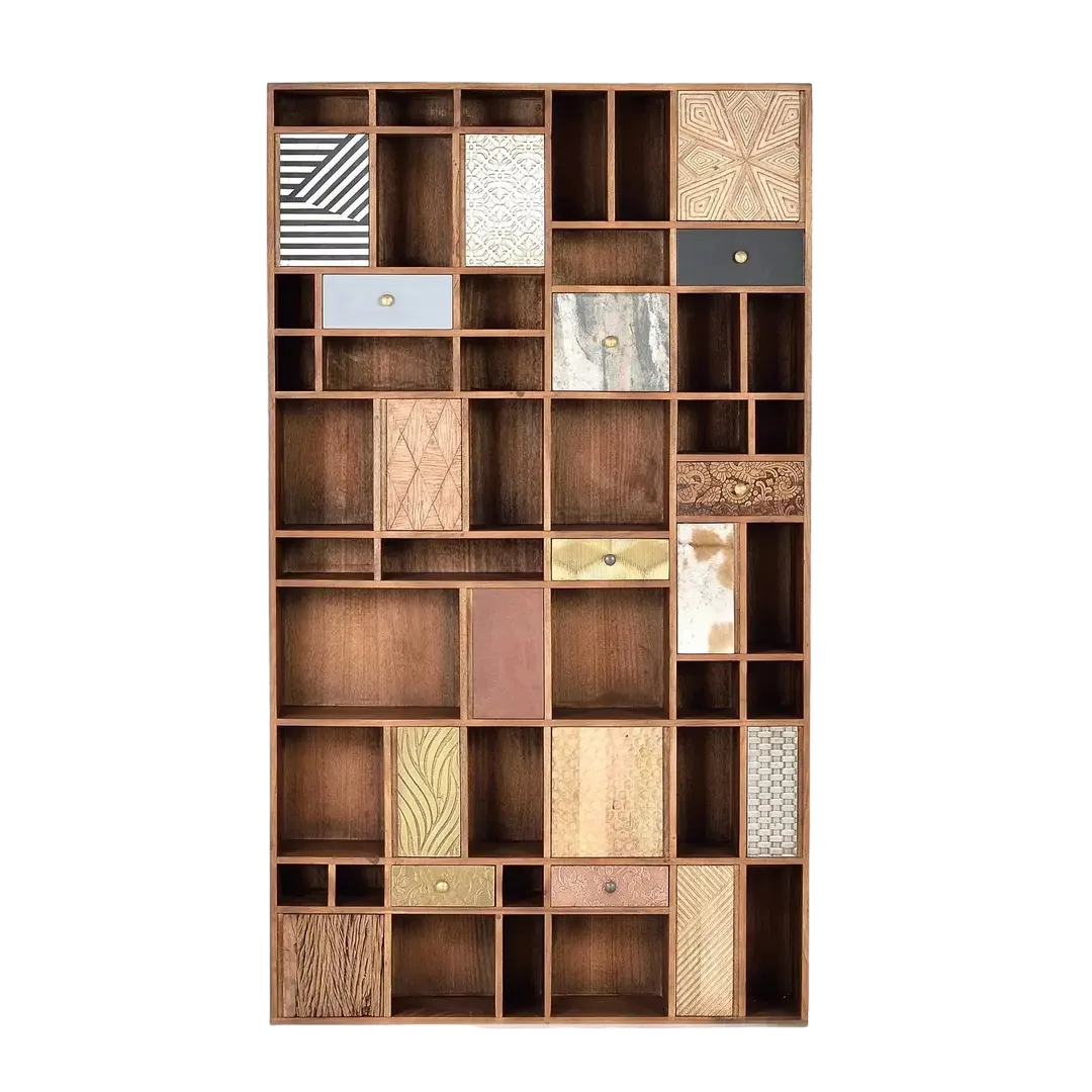Librería Mumbai en madera de mango nogal claro 11 puertas 7 cajones detalles en bronce y acabados diversos 115x30x200cm - Giner y Colomer - 6128GYC - foto-transparente
