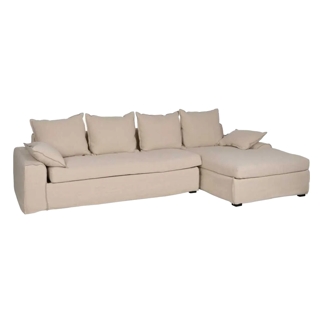 Chaise longue derecha desenfundable en tejido crema estructura madera de pino relleno foam y pluma patas negras 300x161x90cm - Ixia - 613269IX - foto-transparente
