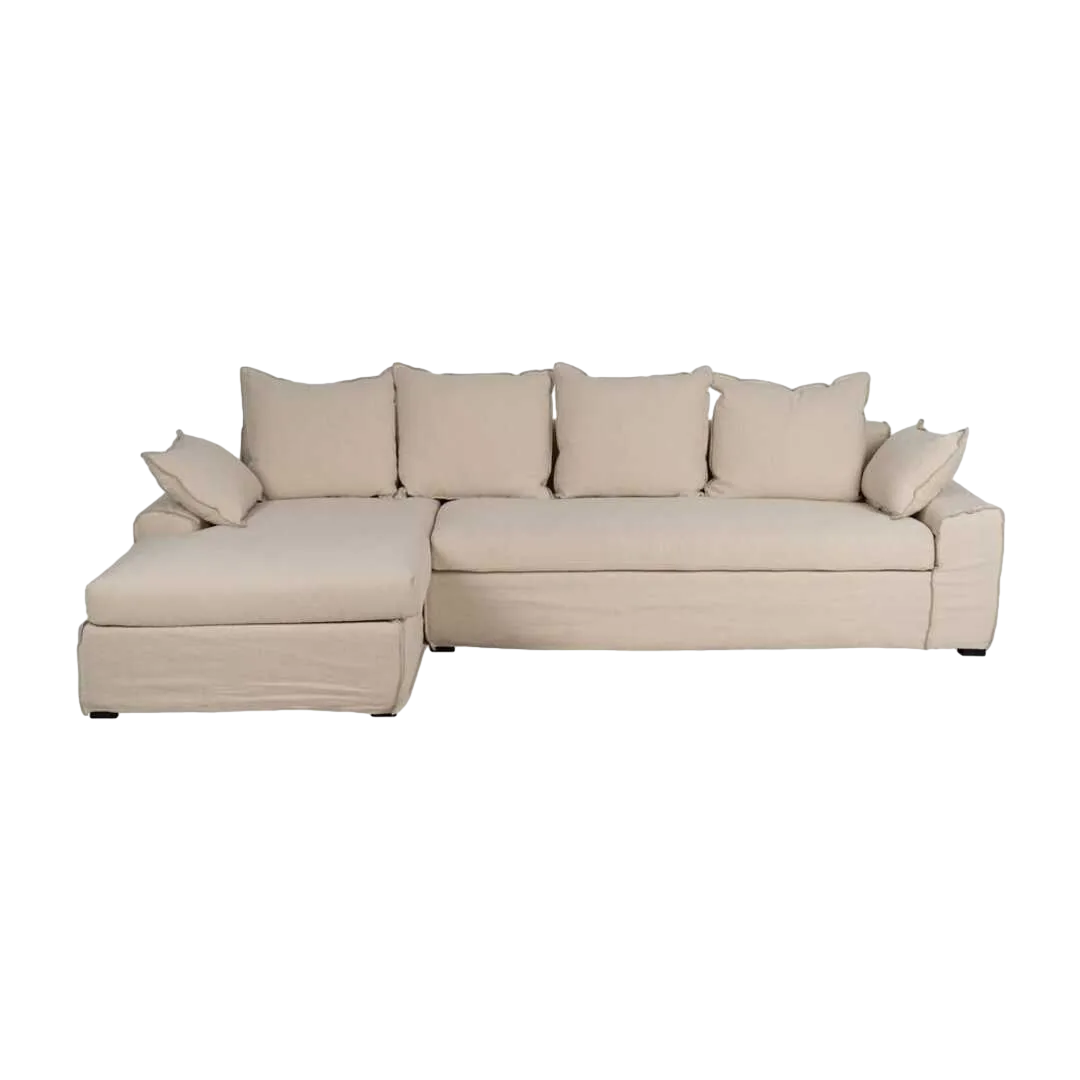 Chaise longue izquierda crema tejido lino y algodón estructura madera de pino desenfundable relleno espuma y pluma patas negras 300x161x90cm - Ixia - 613270IX - foto-transparente
