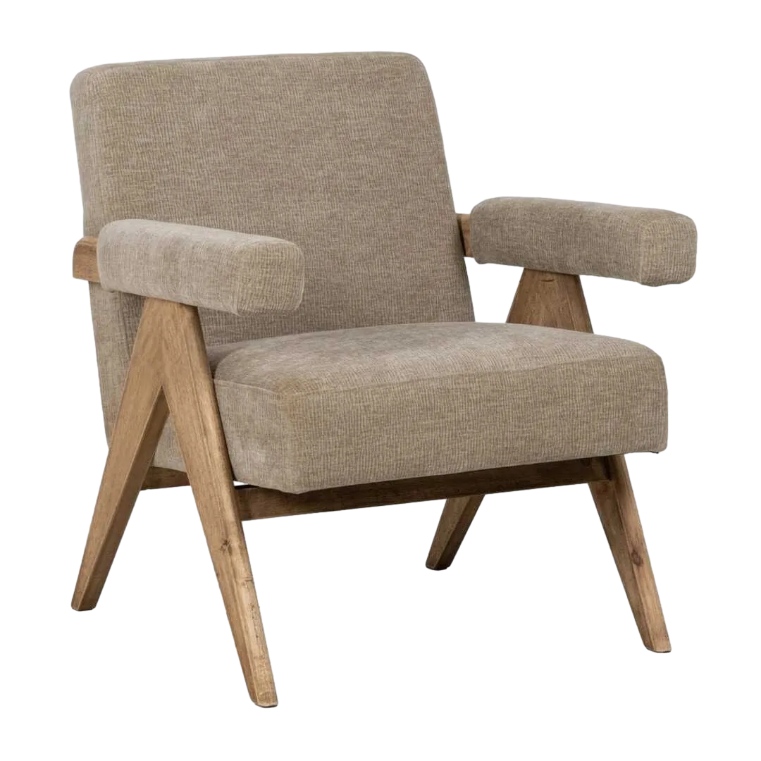 Sillón beige tapizado en tejido poliéster con estructura en plywood y patas en madera de caucho 74x76x85cm - Ixia - 613614IX - foto-transparente