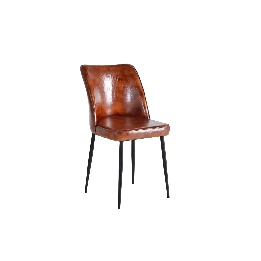 Silla Delya tapizada en cuero marrón con patas metálicas y respaldo ergonómico 46x54x86cm - Giner y Colomer - 6137GYC - foto-transparente