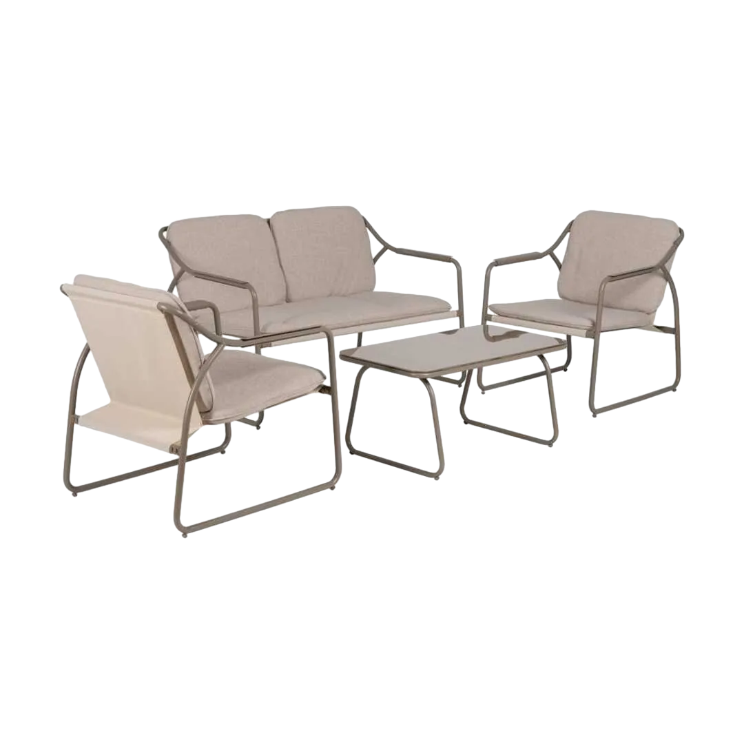 Conjunto jardín exterior en acero 1 sofá 2 sillones y mesa de centro con tablero de cristal templado 1x0x0cm - Ixia - 614443IX - foto-transparente