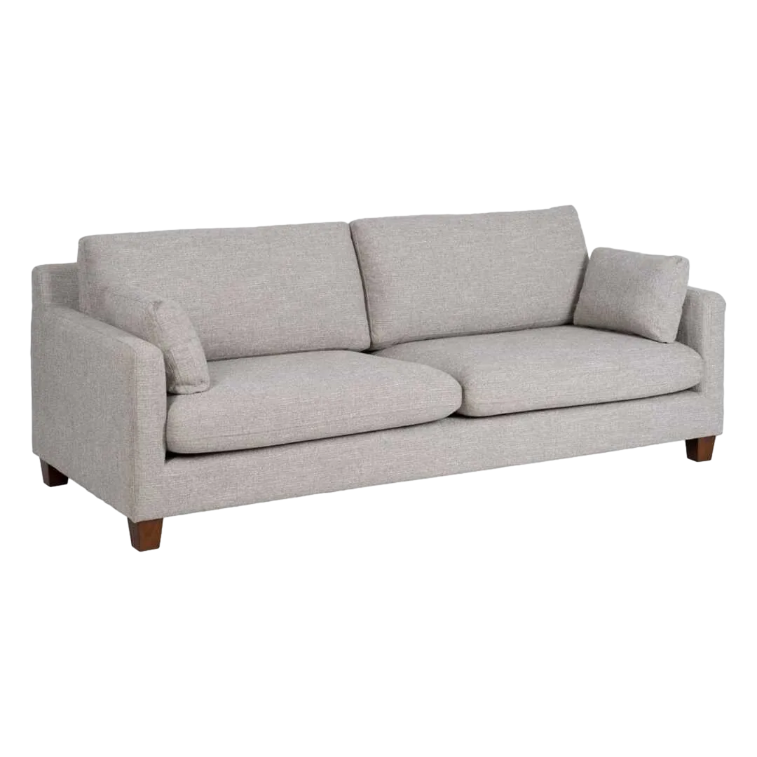 Sofá 3 plazas tapizado gris en tejido 100% poliéster estructura de madera patas en madera de caucho cojines desenfundables 221x90x87cm - Ixia - 614772IX - foto-transparente