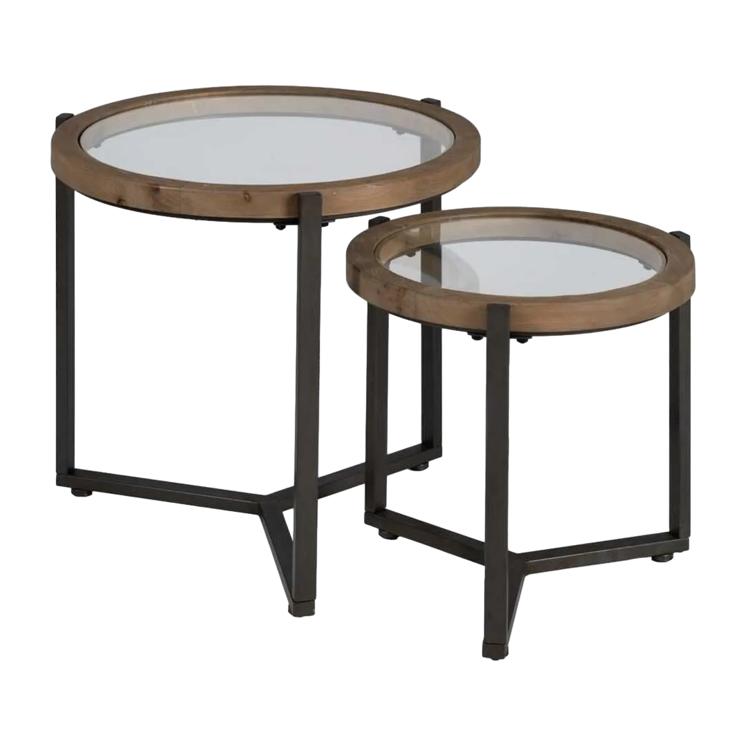 Set de 2 mesitas auxiliares en madera de abeto y hierro natural y negro 65x67x61cm - Ixia - 614969IX - foto-transparente